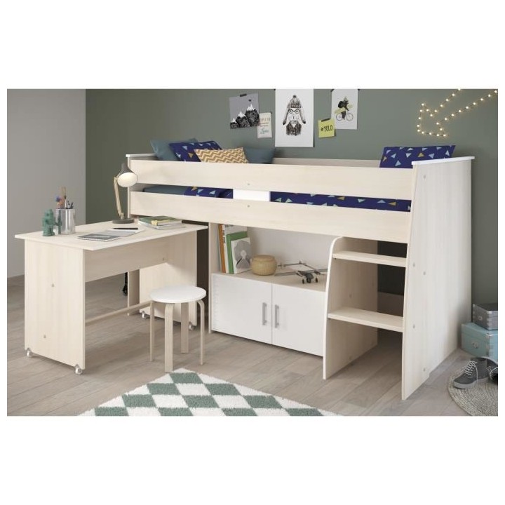 Lit combiné enfant ZOLA 90x200 cm - 2 portes - Avec bureau - Décor a