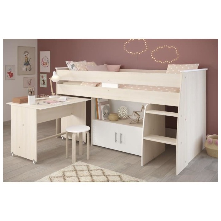 Lit combiné enfant ZOLA 90x200 cm - 2 portes - Avec bureau - Décor a