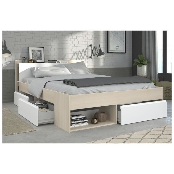 Lit adulte COMBO 160x200 cm - Chene et blanc- 3 Tiroirs - PARISOT