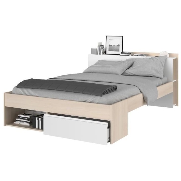 Lit adulte COMBO 160x200 cm - Chene et blanc- 3 Tiroirs - PARISOT