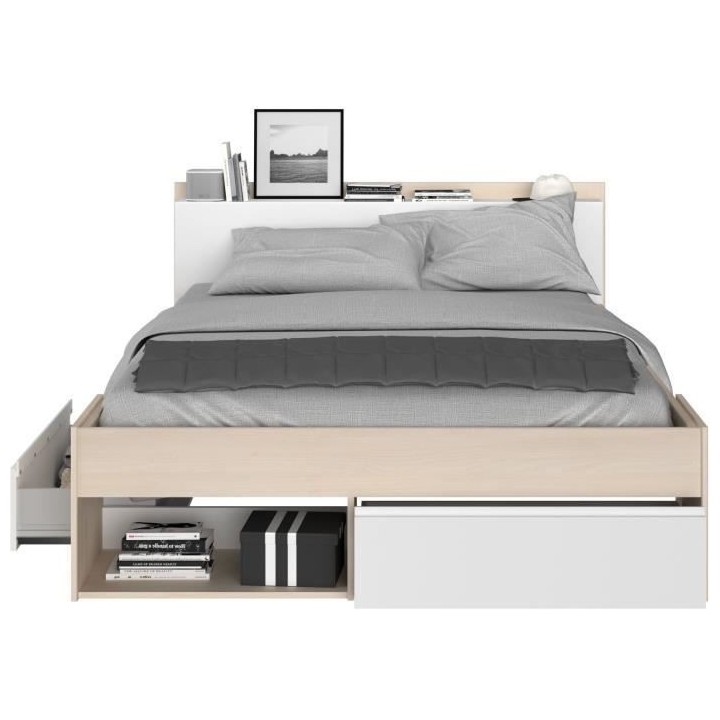 Lit adulte COMBO 160x200 cm - Chene et blanc- 3 Tiroirs - PARISOT