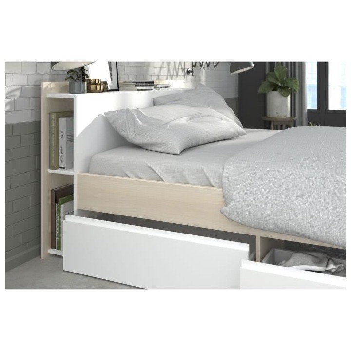 Lit adulte COMBO 160x200 cm - Chene et blanc- 3 Tiroirs - PARISOT