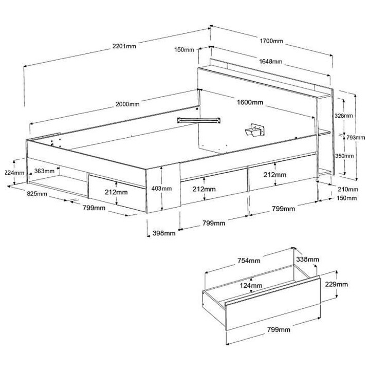 Lit adulte COMBO 160x200 cm - Chene et blanc- 3 Tiroirs - PARISOT