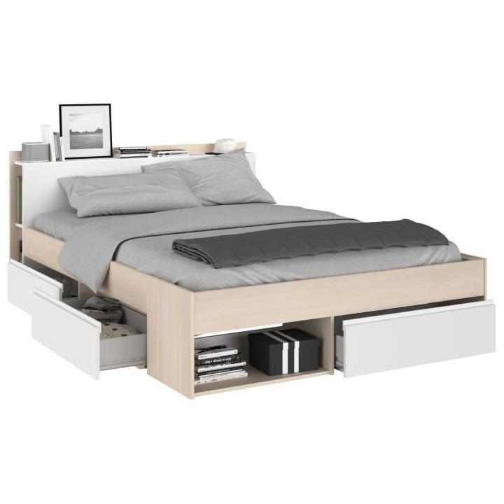 Lit adulte COMBO 140x190/200 cm -Acacia et blanc - 3 Tiroirs - PARISOT