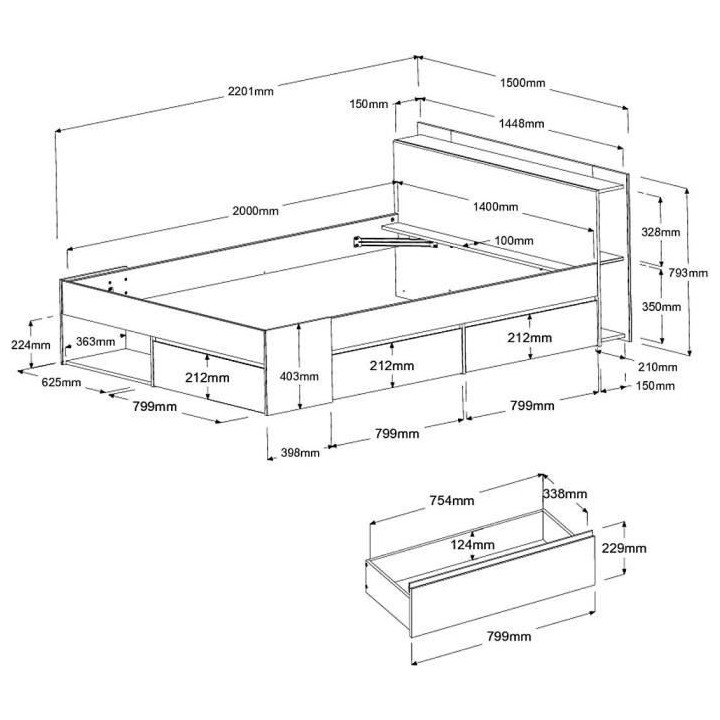Lit adulte COMBO 140x190/200 cm -Acacia et blanc - 3 Tiroirs - PARISOT
