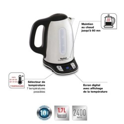 TEFAL KI240D10 Express Control Bouilloire sans fil électrique 1,7L, 2400W, 7 températures réglables, Maintien au chaud 60 min