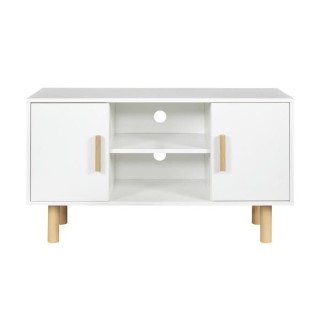 Meuble TV LILA - 2 portes - Décor mélaminé Blanc - Pieds en bois ma