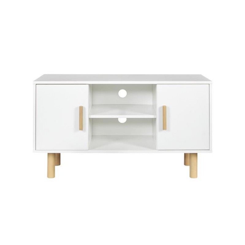 Meuble TV LILA - 2 portes - Décor mélaminé Blanc - Pieds en bois massif - L90 x P35 x H55 cm