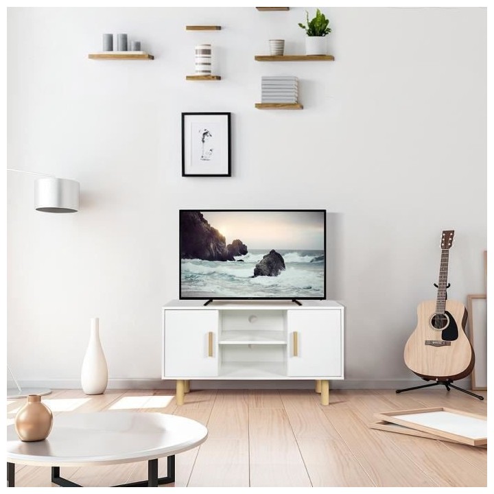Meuble TV LILA - 2 portes - Décor mélaminé Blanc - Pieds en bois ma