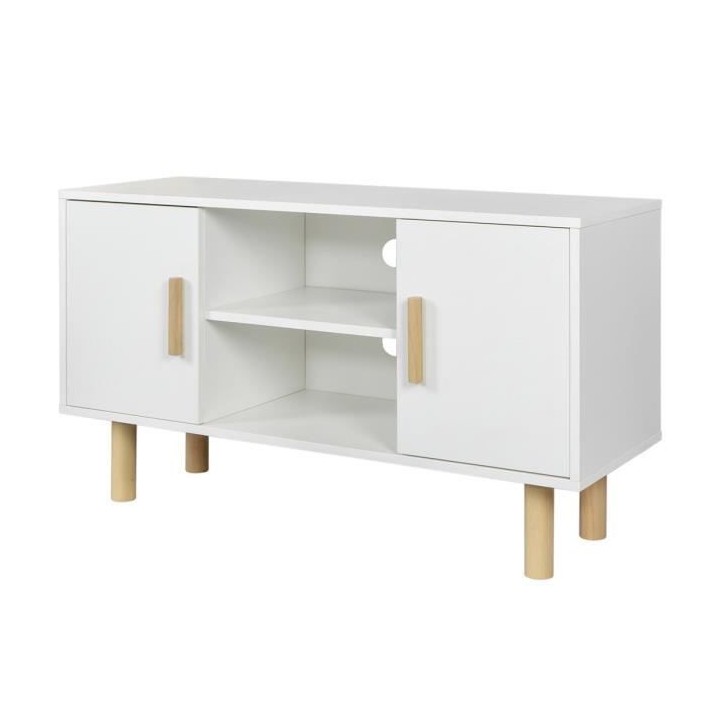 Meuble TV LILA - 2 portes - Décor mélaminé Blanc - Pieds en bois ma