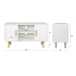 Meuble TV LILA - 2 portes - Décor mélaminé Blanc - Pieds en bois massif - L90 x P35 x H55 cm