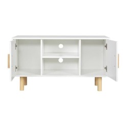 Meuble TV LILA - 2 portes - Décor mélaminé Blanc - Pieds en bois massif - L90 x P35 x H55 cm