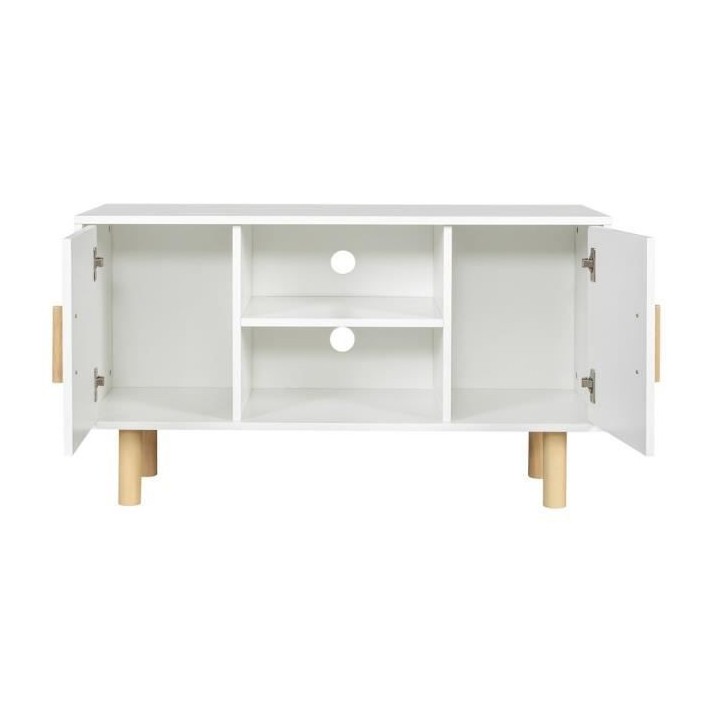 Meuble TV LILA - 2 portes - Décor mélaminé Blanc - Pieds en bois ma