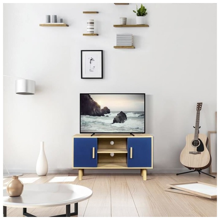 Meuble TV LILA - 2 portes - Décor mélaminé Bleu - Pieds en bois mas