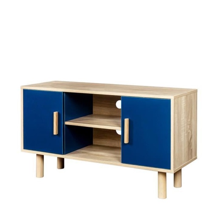 Meuble TV LILA - 2 portes - Décor mélaminé Bleu - Pieds en bois mas
