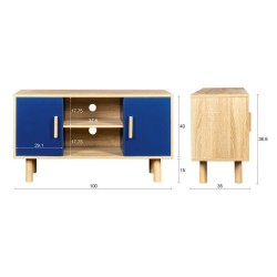 Meuble TV LILA - 2 portes - Décor mélaminé Bleu - Pieds en bois massif - L90 x P35 x H55 cm