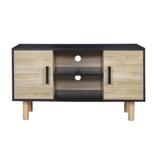 Meuble TV LILA - 2 portes - Décor mélaminé Noir - Pieds en bois mas