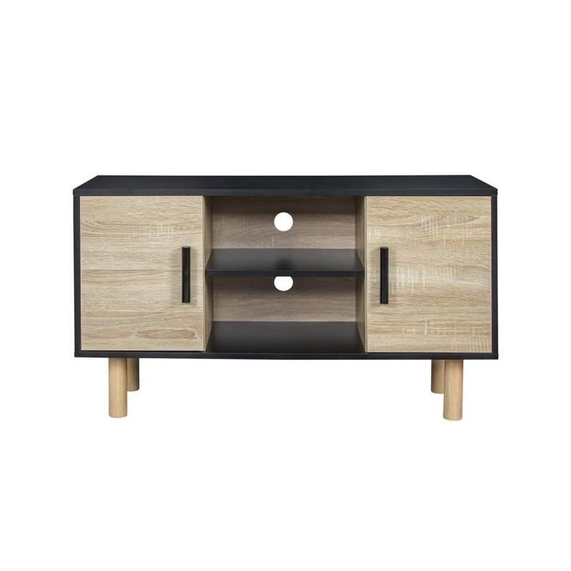 Meuble TV LILA - 2 portes - Décor mélaminé Noir - Pieds en bois massif - L90 x P35 x H55 cm