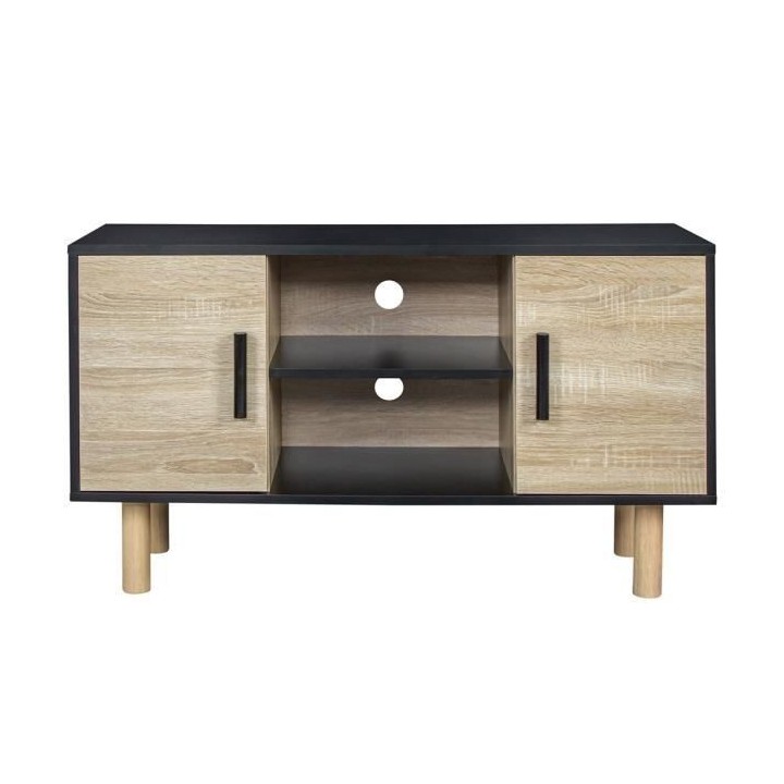 Meuble TV LILA - 2 portes - Décor mélaminé Noir - Pieds en bois mas