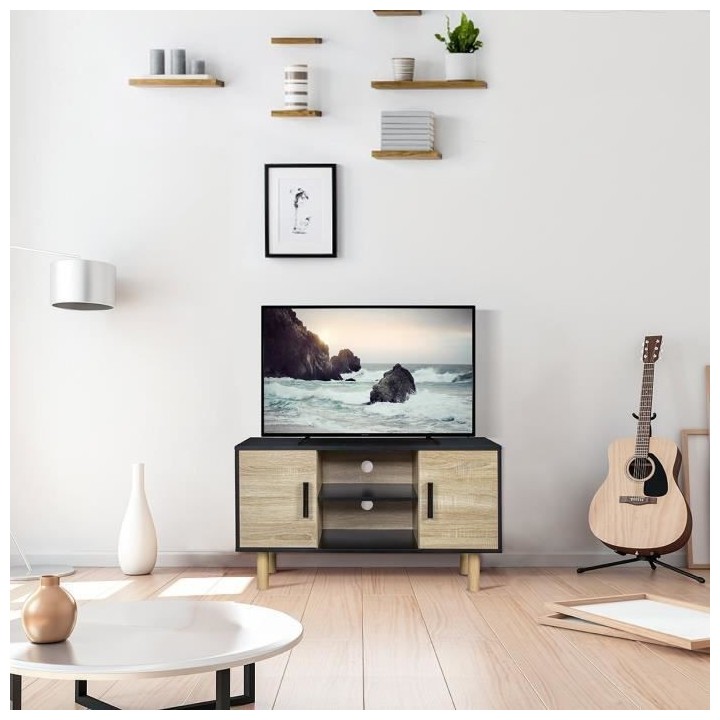 Meuble TV LILA - 2 portes - Décor mélaminé Noir - Pieds en bois mas