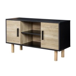 Meuble TV LILA - 2 portes - Décor mélaminé Noir - Pieds en bois massif - L90 x P35 x H55 cm