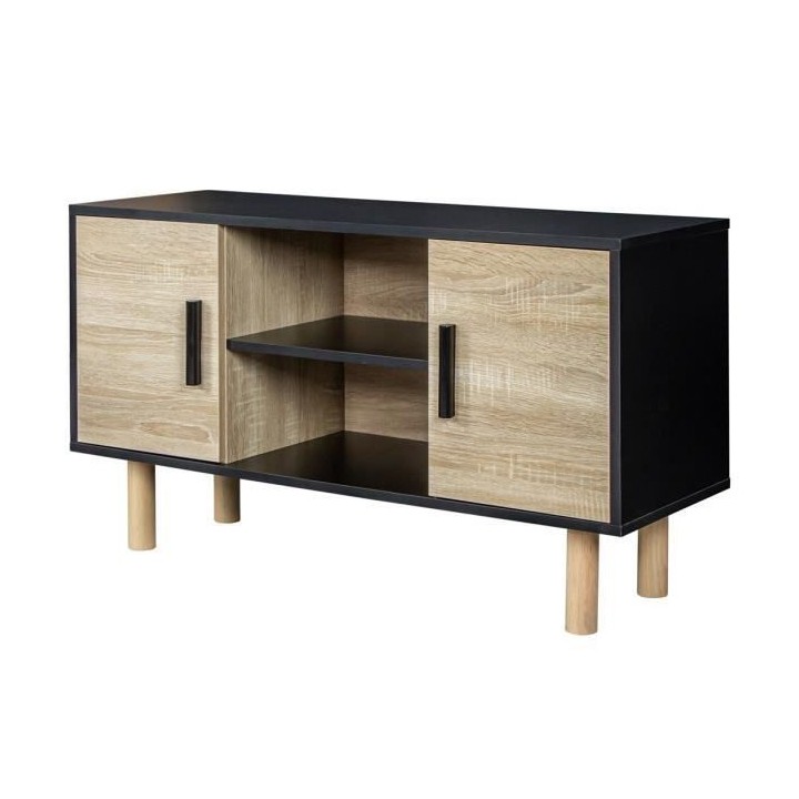 Meuble TV LILA - 2 portes - Décor mélaminé Noir - Pieds en bois mas