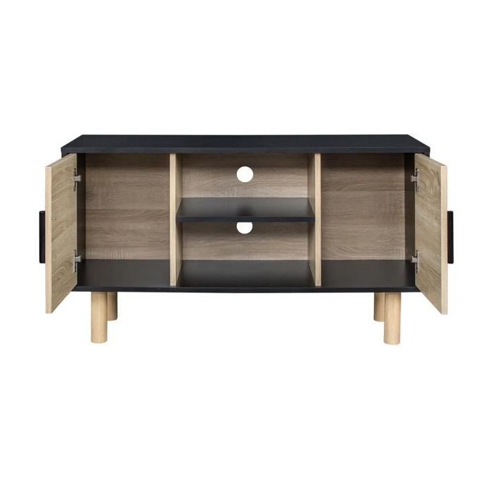 Meuble TV LILA - 2 portes - Décor mélaminé Noir - Pieds en bois mas