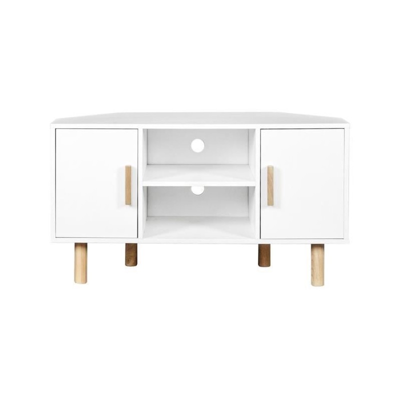 Meuble TV d'angle LILA - 2 portes - Décor mélaminé Blanc - Pieds en bois massif - L90 x P35 x H55 cm