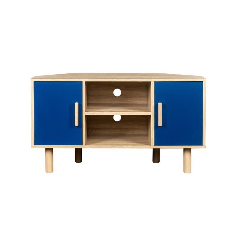 Meuble TV d'angle LILA - 2 portes - Décor mélaminé Bleu - Pieds en bois massif - L90 x P35 x H55 cm