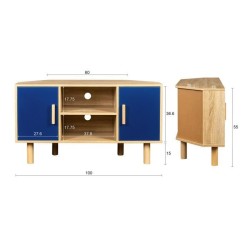 Meuble TV d'angle LILA - 2 portes - Décor mélaminé Bleu - Pieds en bois massif - L90 x P35 x H55 cm