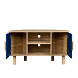 Meuble TV d'angle LILA - 2 portes - Décor mélaminé Bleu - Pieds en bois massif - L90 x P35 x H55 cm