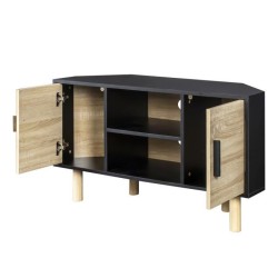 Meuble TV d'angle LILA - 2 portes - Décor mélaminé Noir - Pieds en bois massif - L90 x P35 x H55 cm