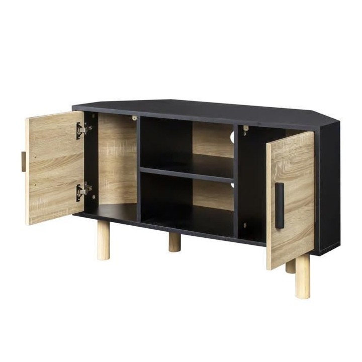 Meuble TV d'angle LILA - 2 portes - Décor mélaminé Noir - Pieds en