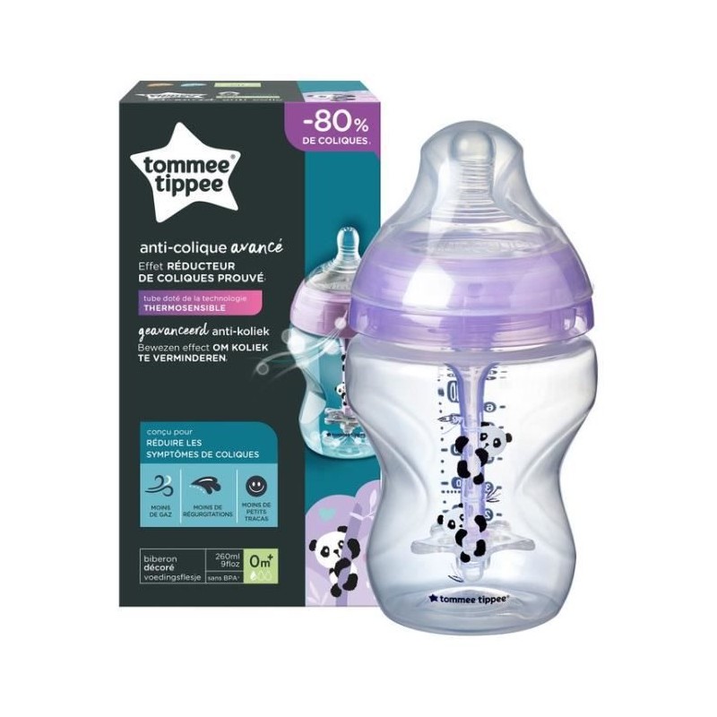 TOMMEE TIPPEE Biberon Anti-Colique, débit lent, imitation sein maternel, 260ml x1, pandas, violet