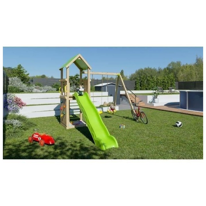 Aire de jeux SMART XPERIENCE, PF 1,20m, bac a sable, mur de grimpe, to