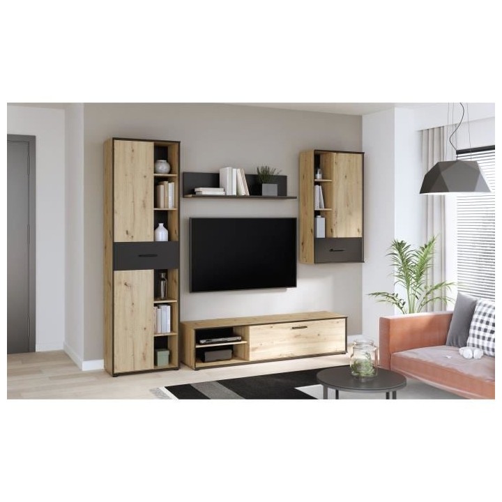Meuble TV mural suspendu TADASHI : 1 colonne + meuble TV + 2 étageres