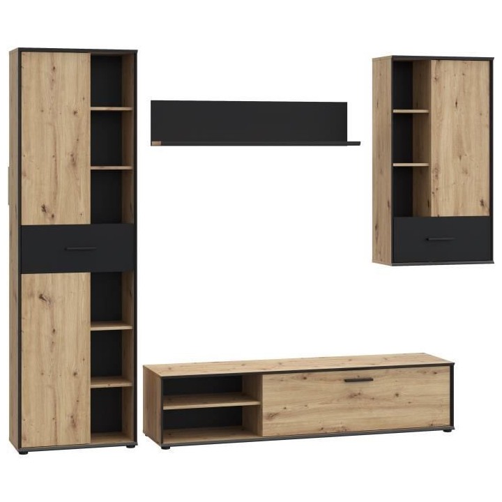 Meuble TV mural suspendu TADASHI : 1 colonne + meuble TV + 2 étageres