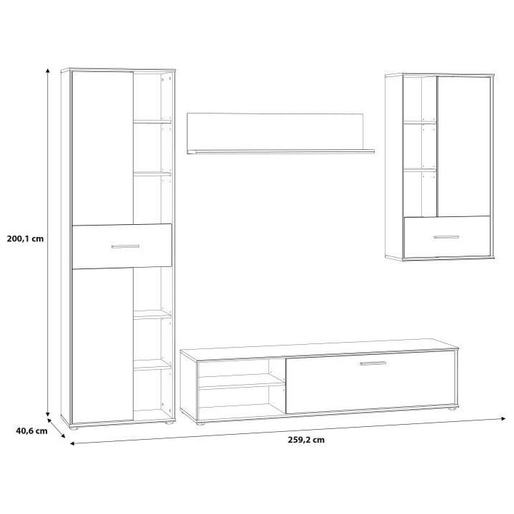 Meuble TV mural suspendu TADASHI : 1 colonne + meuble TV + 2 étageres