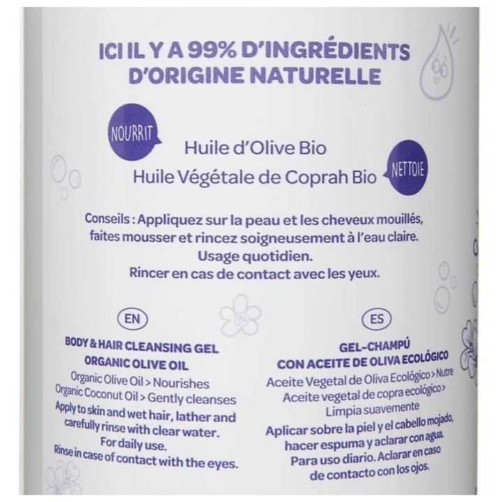 BEABA, Gel Lavant Corps & Cheveux a l'Huile d'Olive Bio 500ml