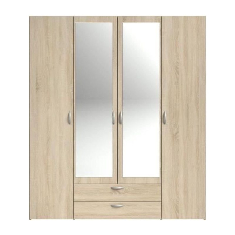 Armoire VARIA - Décor chene - 4 portes battantes + 2 miroirs + 2 tiroirs - L 160 x H 185 x P 51 cm - PARISOT