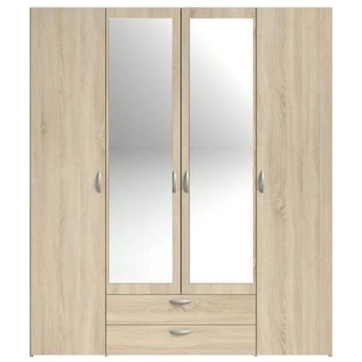 Armoire VARIA - Décor chene - 4 portes battantes + 2 miroirs + 2 tiro