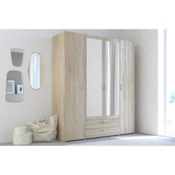 Armoire VARIA - Décor chene - 4 portes battantes + 2 miroirs + 2 tiroirs - L 160 x H 185 x P 51 cm - PARISOT