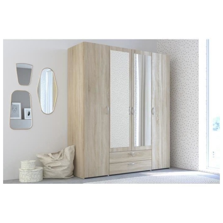 Armoire VARIA - Décor chene - 4 portes battantes + 2 miroirs + 2 tiro