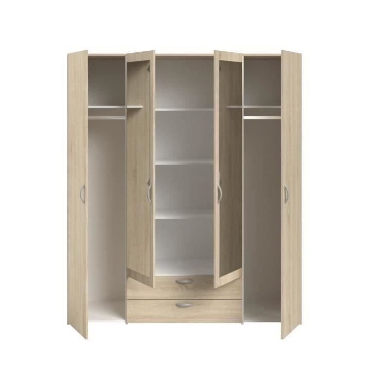 Armoire VARIA - Décor chene - 4 portes battantes + 2 miroirs + 2 tiro
