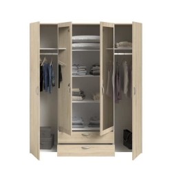 Armoire VARIA - Décor chene - 4 portes battantes + 2 miroirs + 2 tiroirs - L 160 x H 185 x P 51 cm - PARISOT