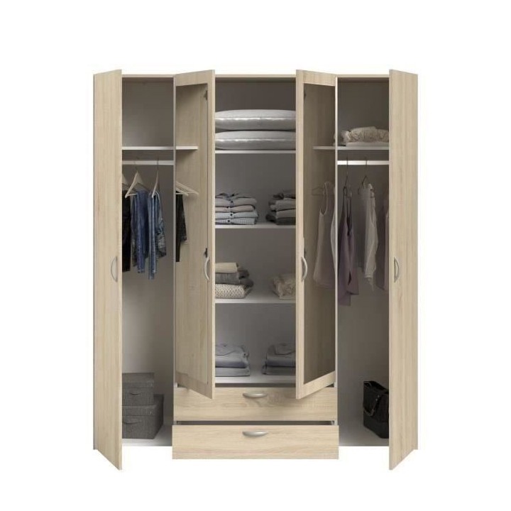 Armoire VARIA - Décor chene - 4 portes battantes + 2 miroirs + 2 tiro