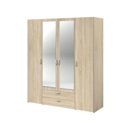 Armoire VARIA - Décor chene - 4 portes battantes + 2 miroirs + 2 tiroirs - L 160 x H 185 x P 51 cm - PARISOT