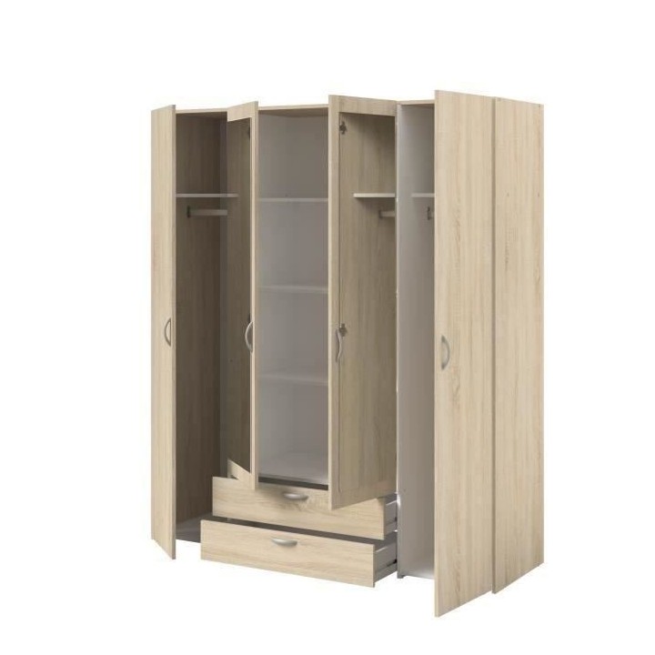Armoire VARIA - Décor chene - 4 portes battantes + 2 miroirs + 2 tiro