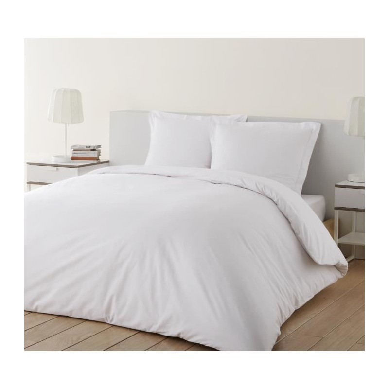 VISION - Housse de couette unie 240x220cm avec 2 taies 65x65cm - Blanc - 100% coton