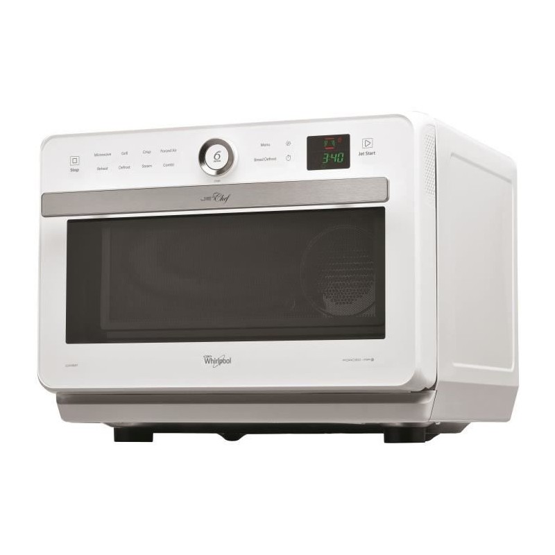 WHIRLPOOL JT469WH - Micro-ondes Jet Chef - 33 L - 6eme SENS Combi Crisp Vapeur - Cavité Inox - Plateau tournant 36 cm - Blanc